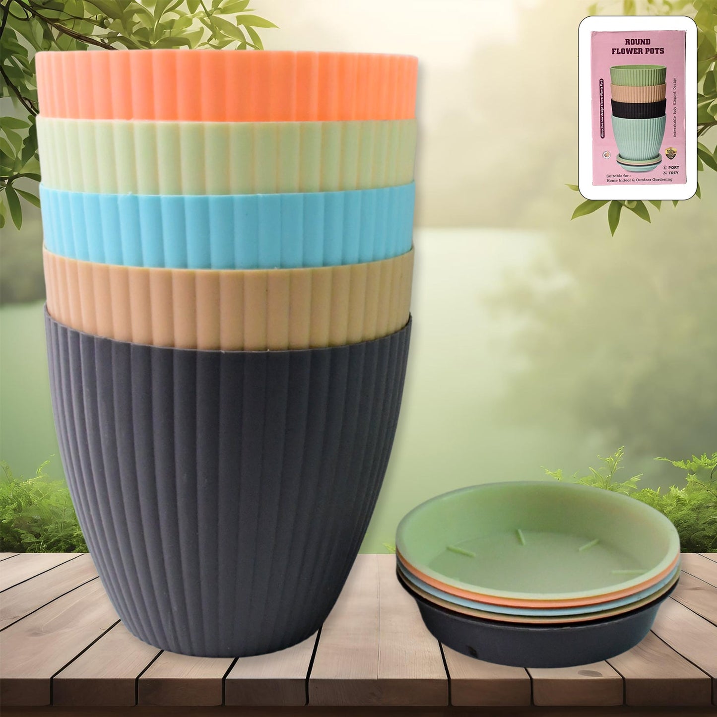 Round Plastic Flower Pot with Bottom Tray (5 Pcs Set / With Color Box)