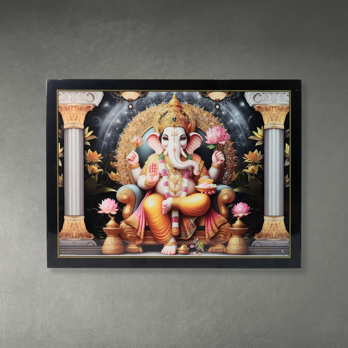 Divine Lord Ganesha Wall Painting with Wooden Frame Mix Design, 60x45 Cm Approx (1 Pc)