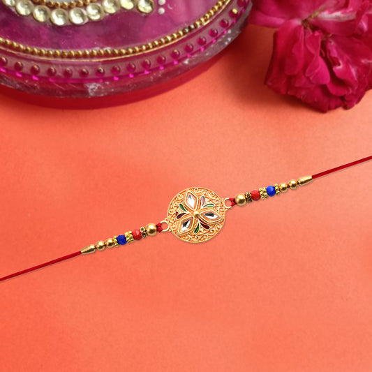 Elegant Meenakari Floral Rakhi With Colorful Beads Golden Detailing