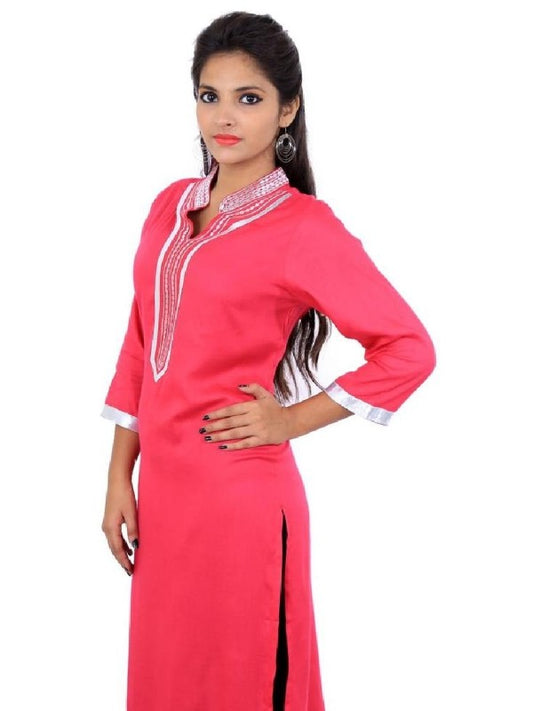 Rayon 120 Gsm Pink Plain Dyed Kurti With Zari Thread Embridery