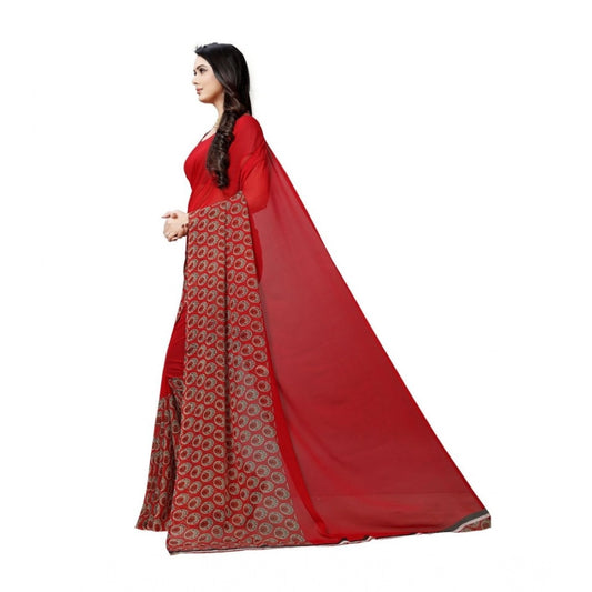 Generic Women's Georgette Printed Saree With Unstitched Blouse 5.5Mtr (Red)