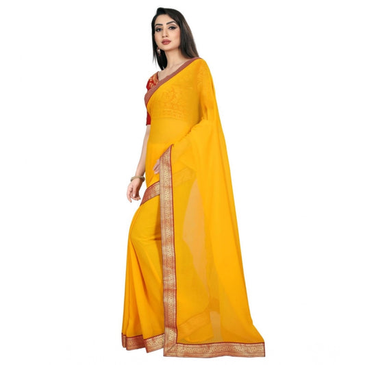 Generic Women's Chiifon Saree Printed Saree With Unstitched Blouse 5.5Mtr (Yellow)