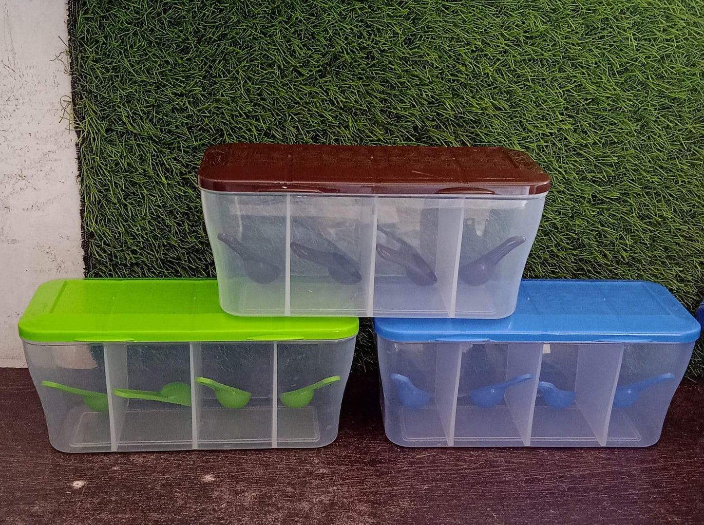 Kitchen Airtight 4-Section Storage Container / Pickle Jar with 4 Spoons (1 Pc / Mix Color)