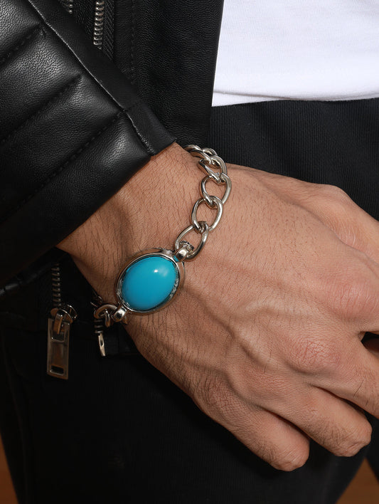 Bold by Priyaasi Blue Turquoise Look Silver-Plated Link Chain Bracelet for Men