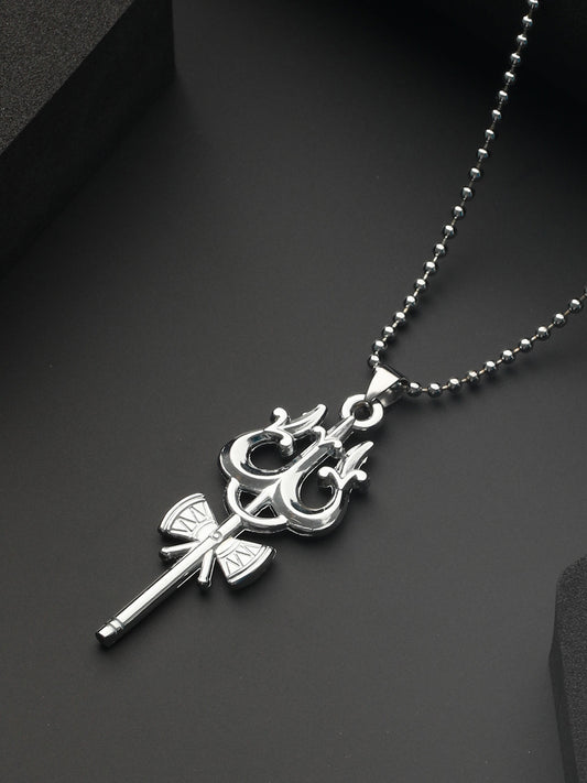 Bold by Priyaasi Holy Trishul Silver-Plated Beaded Pendant Chain for Men