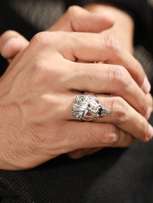 Bold by Priyaasi Red-Eyed Lion Oxidised Silver Ring for Men