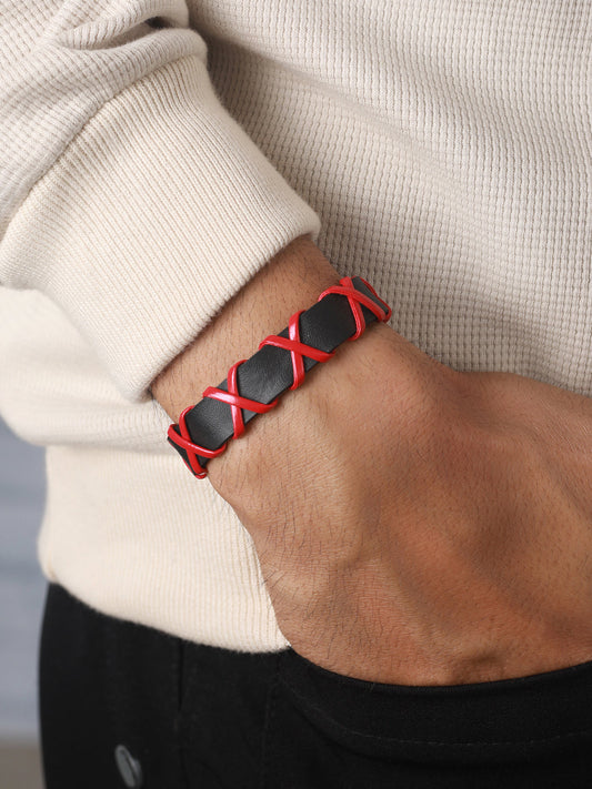 Bold by Priyaasi Black Red Cross PU Wraparound Bracelet for Men