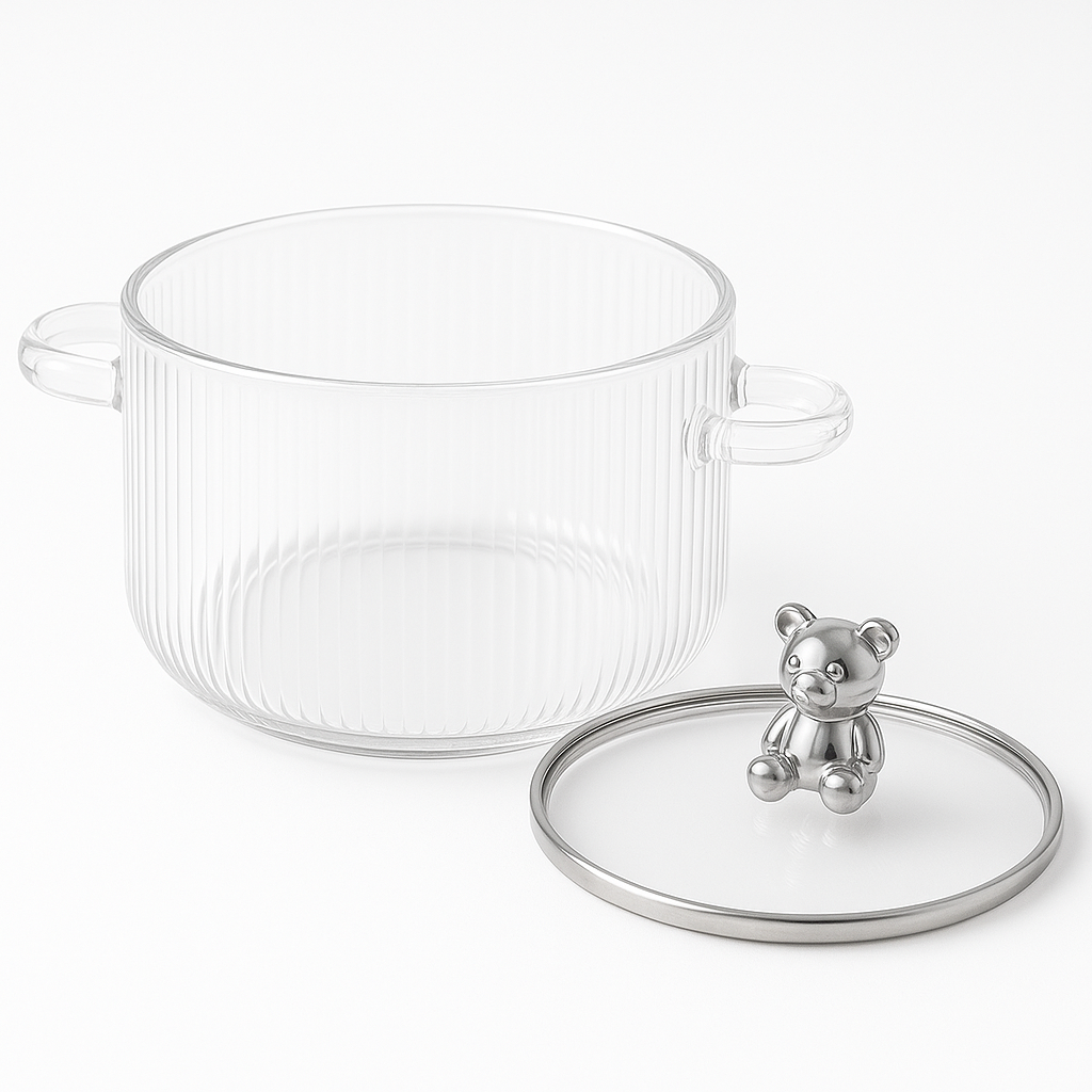 1600ml Multipurpose Borosilicate Glass Pot with Bear Knob Lid | Ideal for Cooking, Serving, Storage & More
