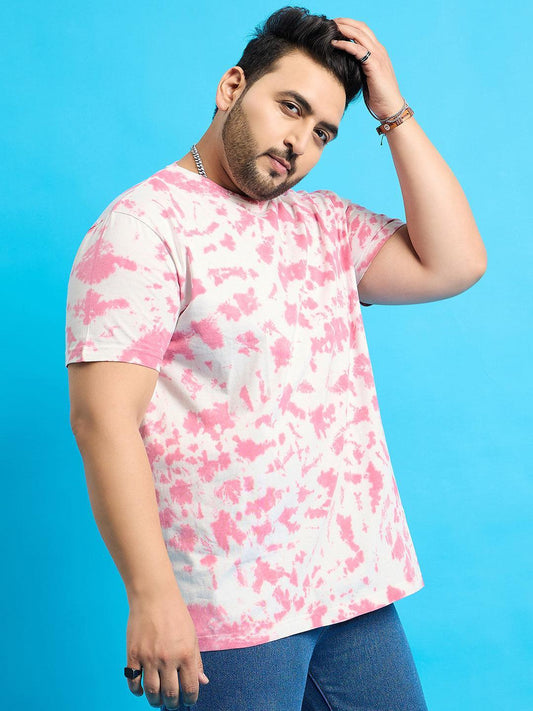 Men Plus Size Doton-Pink Printed Round Neck Tshirt