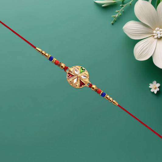 Designer Floral Rakhi With Mirror Work Colorful Beads On Red Thread