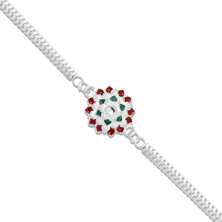 Round Shape Silver Chain Rakhi With  Red-green Accents