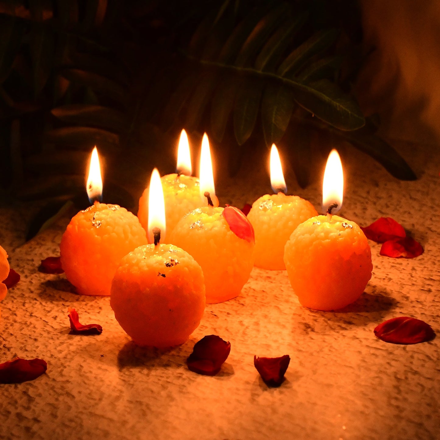 Set of 6 Laddu-Shaped Wax Candles with Silver Leaf Decoration