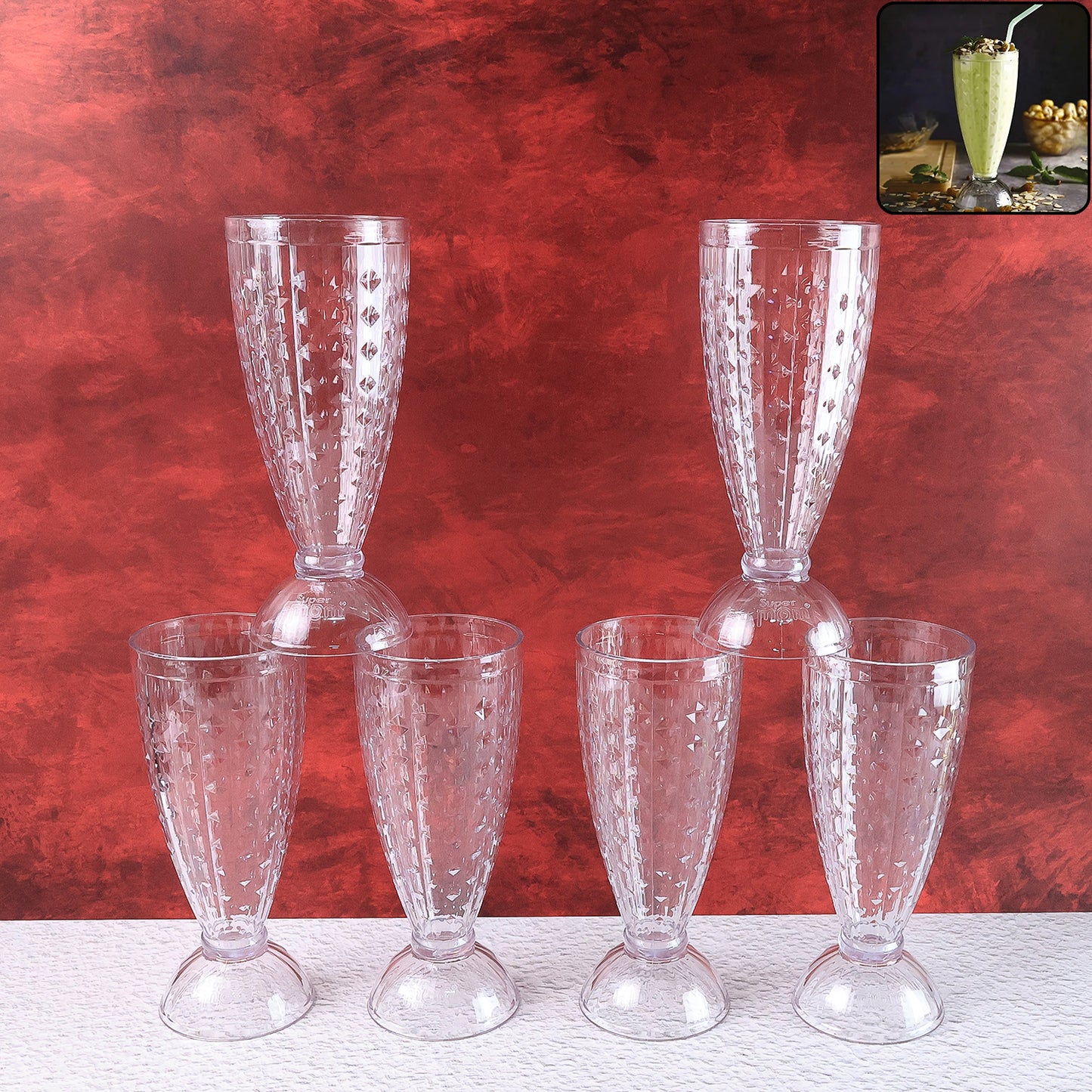 Supermom Transparent Plastic Milkshake Glass Set (400ml 6 Pc)