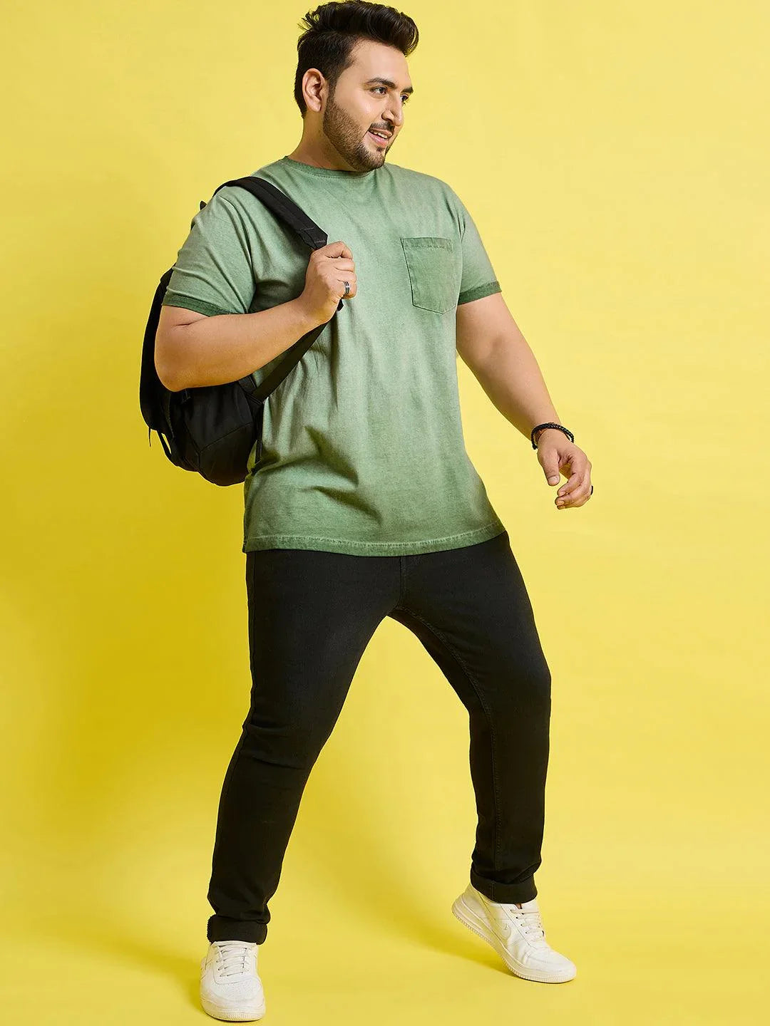 Men Plus Size Piccolo-Green Solid Round Neck Tshirt