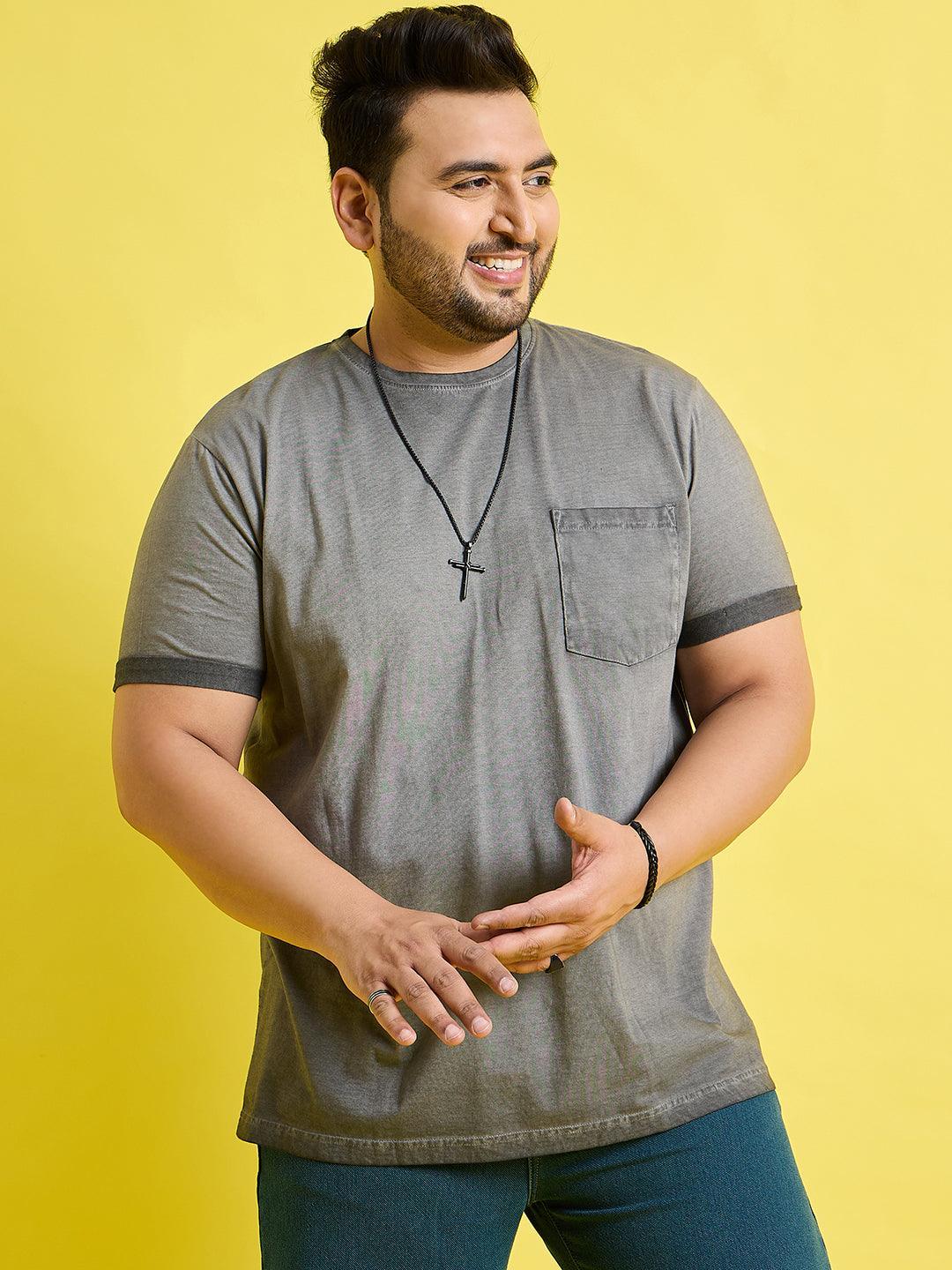 Men Plus Size Piccolo-Grey Solid Round Neck Tshirt