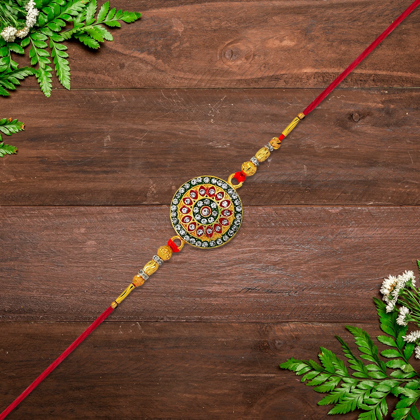 Royal Designer Rakhi With Kundan Centerpiece Red Green Enamel Work And Golden Beads