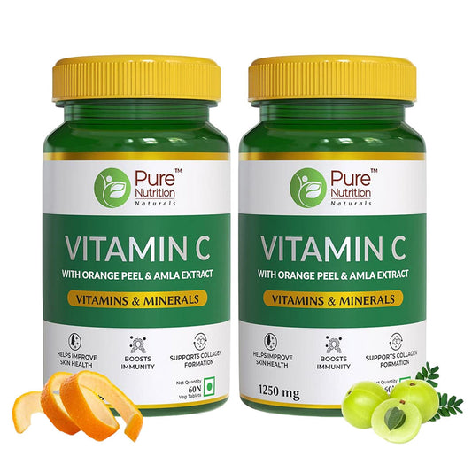 Pure Nutrition Vitamin C Supplement with Natural Orange & Amla Peel Extract for Men & Women Immunity & Glowing Skin - 120 Veg Tablets (Pack of 2)