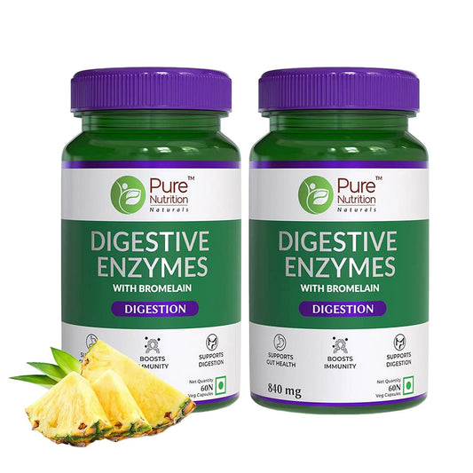 Pure Nutrition Digestive Enzymes Supplement with Bromelain Supports Digestion and Better Absorption of Nutrients for Men & Women- 60 Veg Capsules (Pack of 2)
