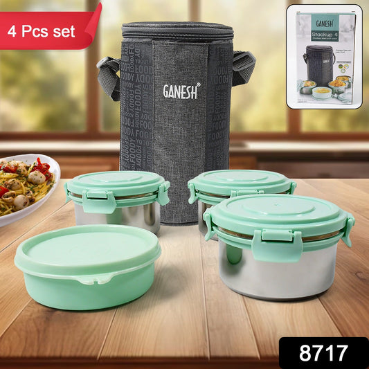 Ganesh 4In1 Tiffin Box-Lunch Box | 3 Stainless Steel Containers 300 Ml Approx & Plastic Salad Container 200 Ml Approx| Plastic lid Box | Round Zip Bag | Leak Proof | Microwave Safe for Office, College and School for Men, Women