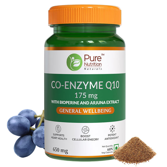Pure Nutrition Bio Coenzyme Q10 175Mg, Coq10 Supplement With Bioperine & Arjuna Extract For Heart Health, Brain Function, Powerful Antioxidant, Boost Cellular Energy - 60 Veg Capsules