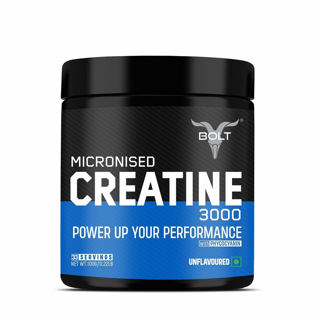 Bolt Micronised Creatine Monohydrate 3000 | With Phycocyanine | Boosts Athletic Performance | Provides Energy Support for Heavy Workout | Formulated In USA | 100 gm (0.22lb), 33 serving | Unflavored