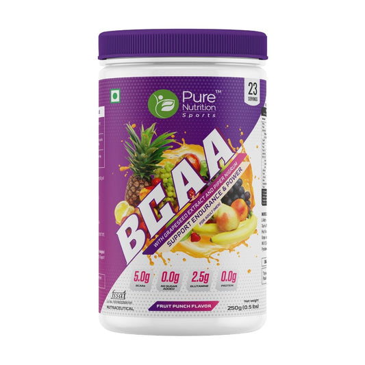 Pure Nutrition Bcaa, 2:1:1 Amino Acid Ratio| Helps In Recovery, Protein Synthesis, Endurance And Lean Muscle Mass Building| With L Citrulline, L Glutamine, Taurine, Grapeseed And Piperine Extract | Fruit Punch, 250Gms Jar