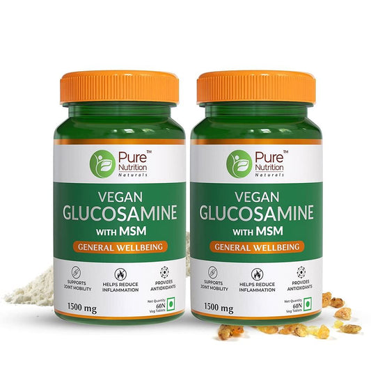 Pure Nutrition Vegan Glucosamine 1500mg with MSM, Vitamin D3 for Joint pain, Bones and Muscles strengths, Antioxidant, Reduce Inflammation - 60 Veg Tablets (Pack of 2)