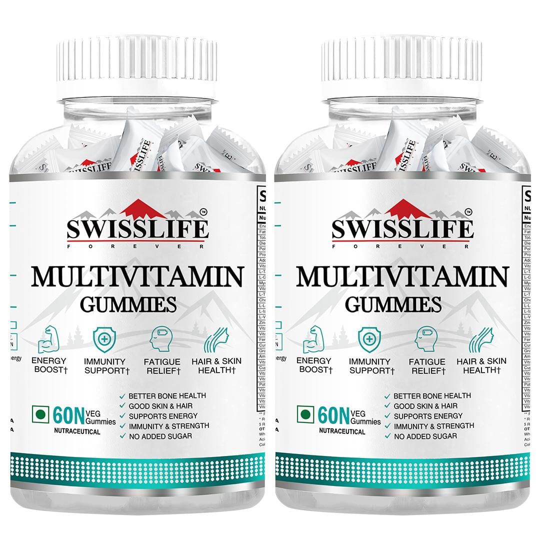 SWISSLIFE FOREVER Multivitamin Gummies| Folic acid with Vit. C | Micronutrients Vit. C,A,D,E, Vit. B6,B9,B12| Sugar-free| Supports Immunity and Health| 60 Veg gummies ( Pack of 2)