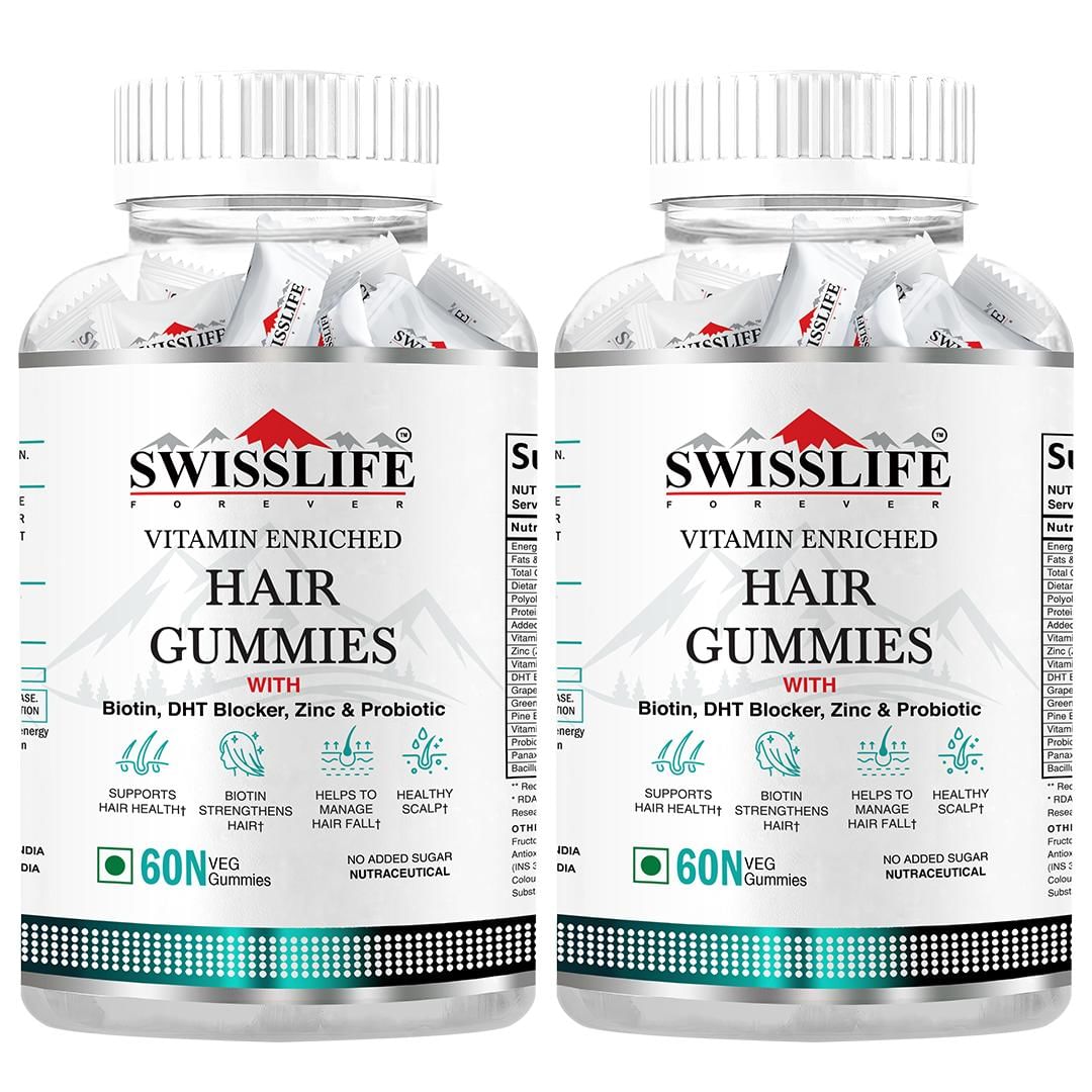 SWISSLIFE FOREVER Hair Gummies | Vitamin enriched Hair Gummies | Gummy with Biotin, DHT Blocker, Zinc & Probiotics Help in Hair Health, Scalp Health, and Helps to manage Hair Fall | For Men & Women (60 Gummies) Pack of 2