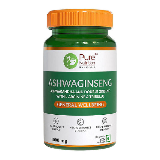 Pure Nutrition Ashwaginseng For Enhances Stamina & Boosts Energy, Ashwaginsenga & Duble Ginseng With L-Arginine & Tribuls Helps Boosts Energy - 60 Veg Tablets