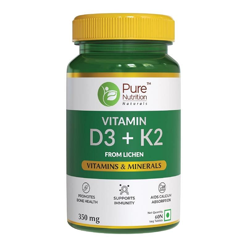 Pure Nutrition Vitamin D3 Plus K2, Vitamin D3 (600 Iu) Supplement For Strong Bones , Supports Immunity - 60 Veg Tablets