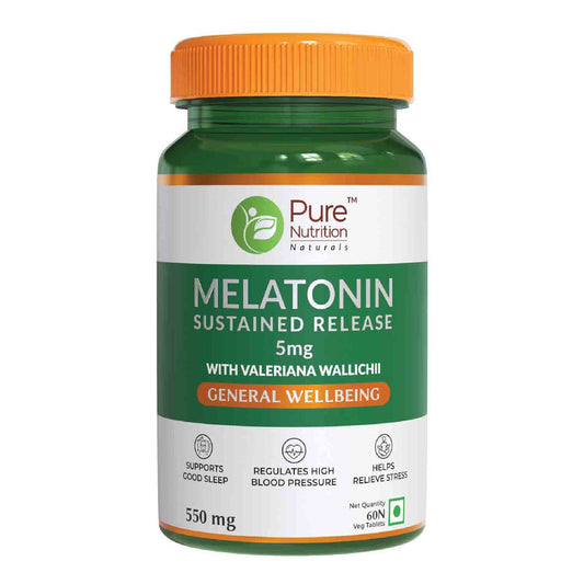 Pure Nutrition Melatonin 5Mg, Sustained Release , Melatonin Supplement For Men & Women, Supports Good Sleep - 60 Veg Tablets(Serving Size 1 Tablet)