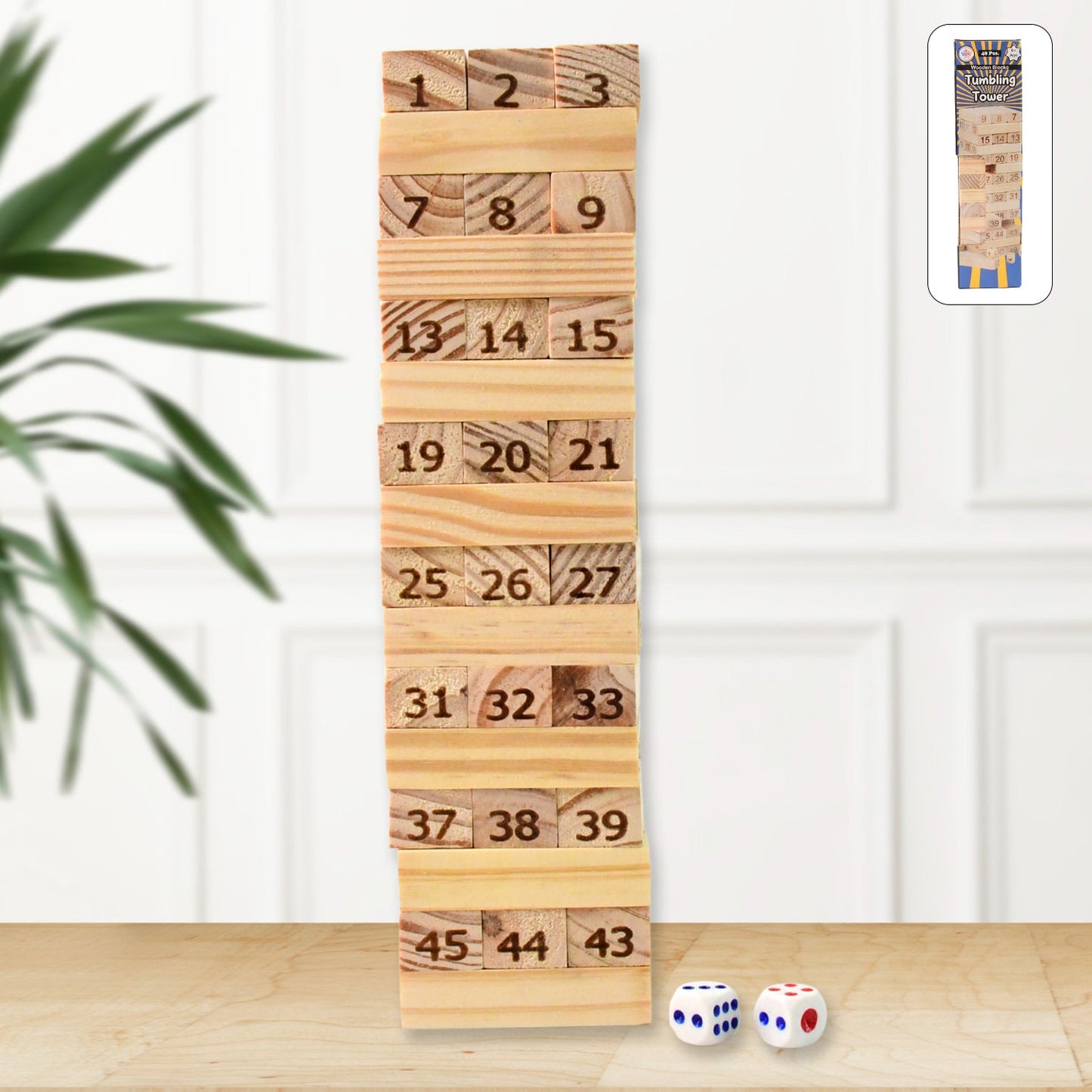 Wooden Tumbling Stacking Tower Game, Zenga tower (48 Pcs Blocks 2 Dices)