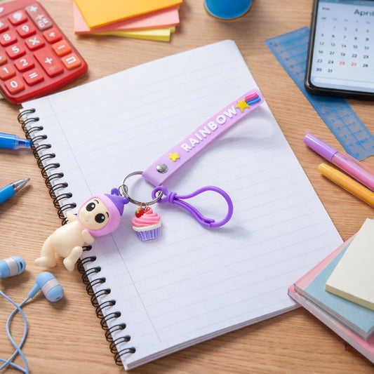 Cute Doll & Cupcake Keychain with Rainbow Strap (1 Pc)