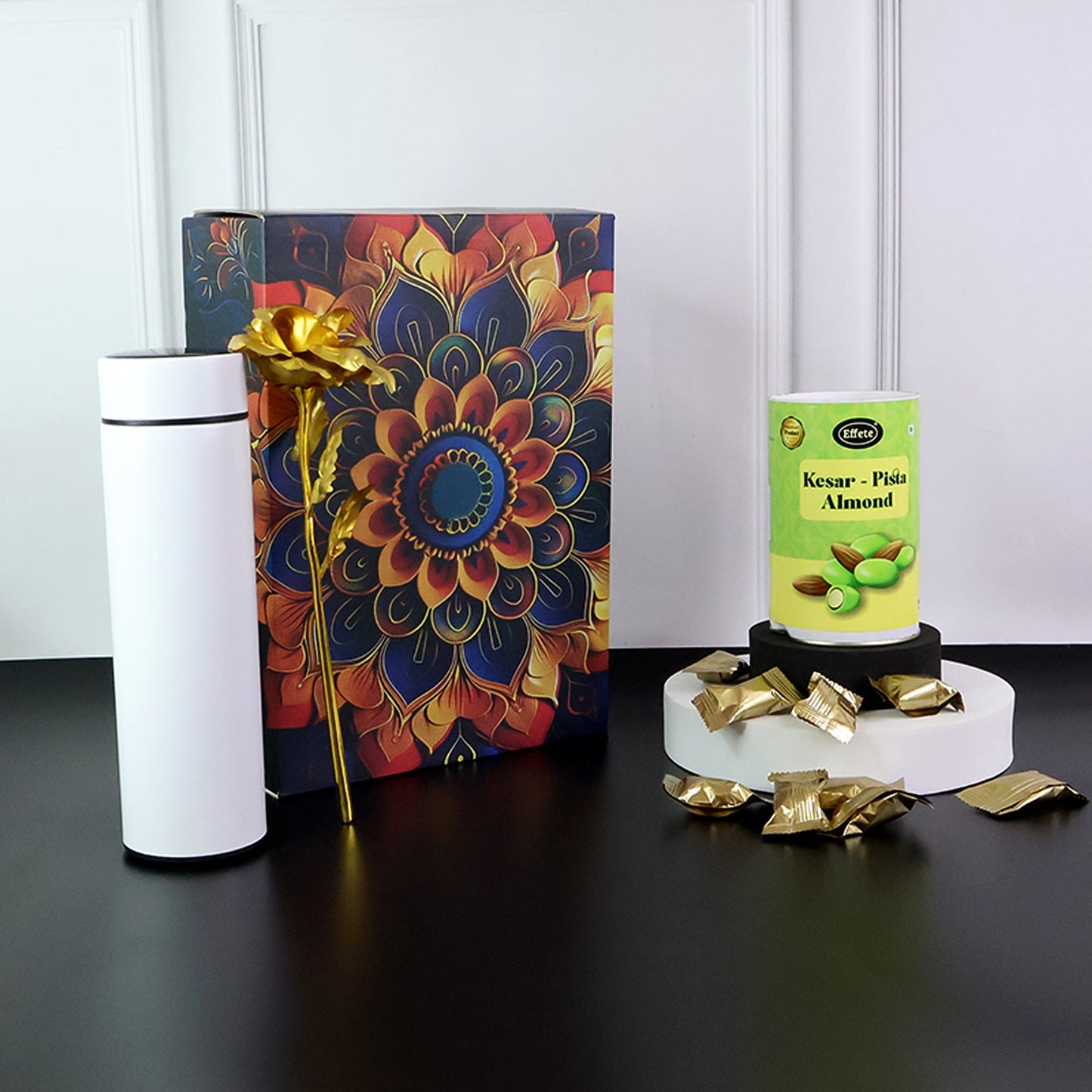 Effete Kesar Pista Almonds Gift Hamper, Golden Rose With Bottle (3 Pc Set)