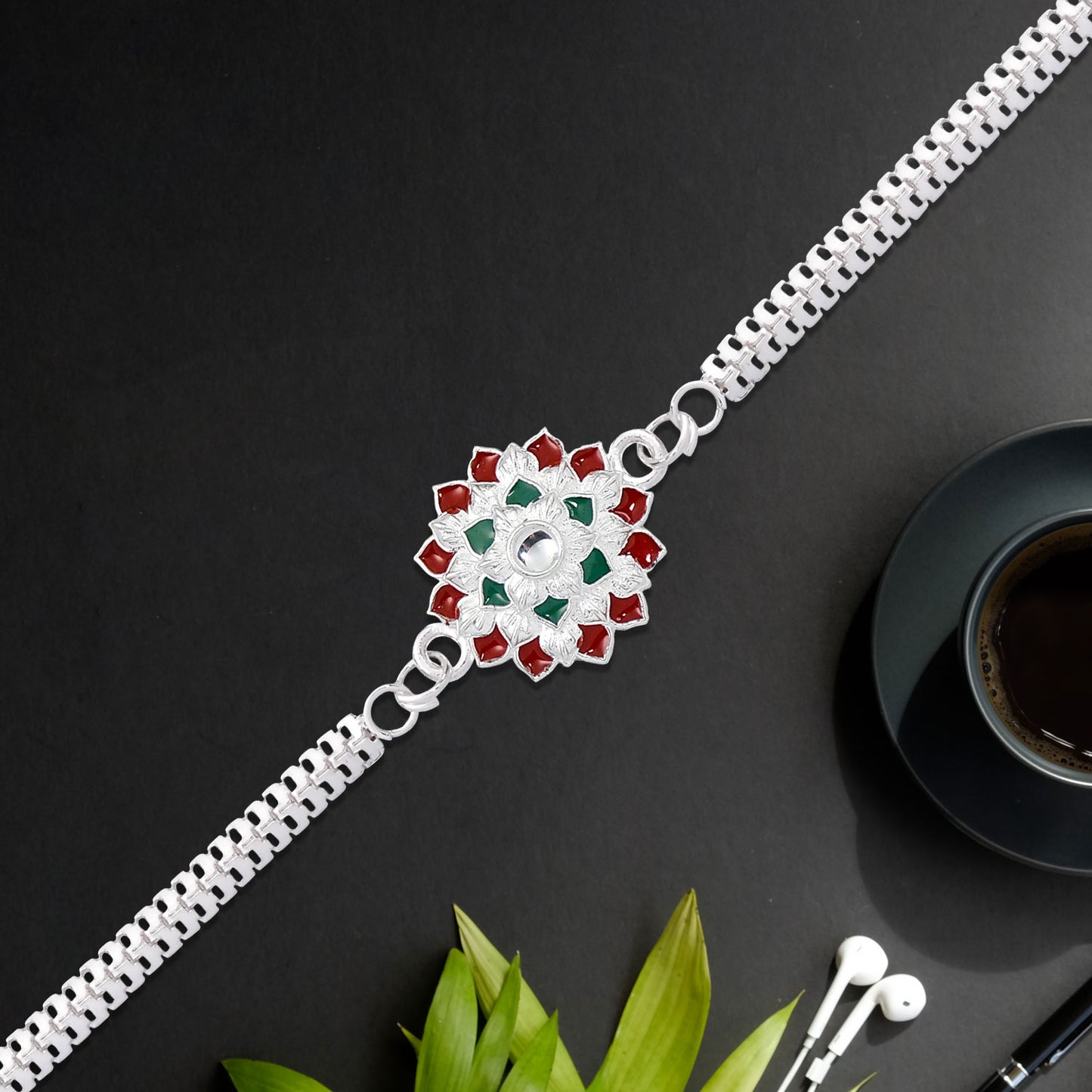 Round Shape Silver Chain Rakhi With  Red-green Accents