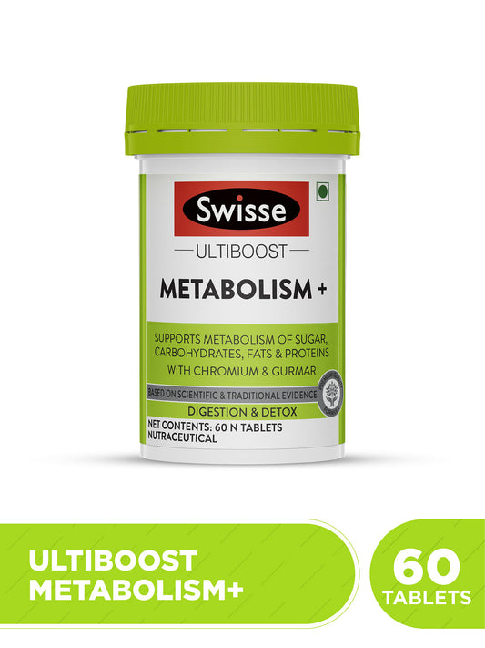 Swisse Ultiboost Metabolism+ , Supports Metabolism Of Sugar, Carbohydrates, Fats & Proteins, Chromium & Gurmar For Digestion & Detox - 60 Tablets