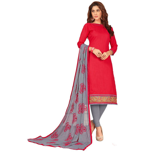 Slub Cotton Fabric Red Color Unstitched Salwar-Suit Material With Dupatta