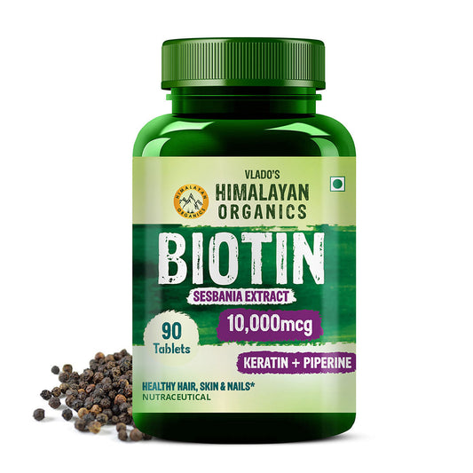 Vlado's Himalayan Organics Biotin 10,000mcg with Keratin + Piperine Supplement For Healthy Hair, Skin & Nails - 90 Veg Tablets