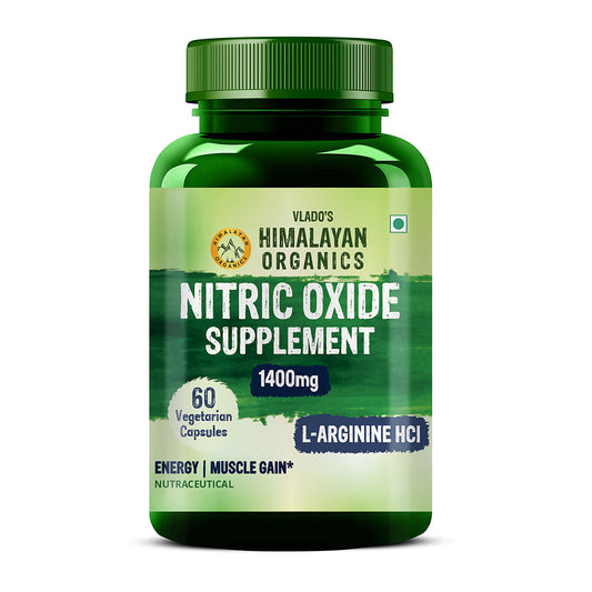 Vlado's Himalayan Organics Nitric Oxide Supplement with L- Arginine HCL 1400mg/Serve with Caffeine | Muscle Growth, Stamina, Recovery, Energy & Immunity | 60 Veg Capsules