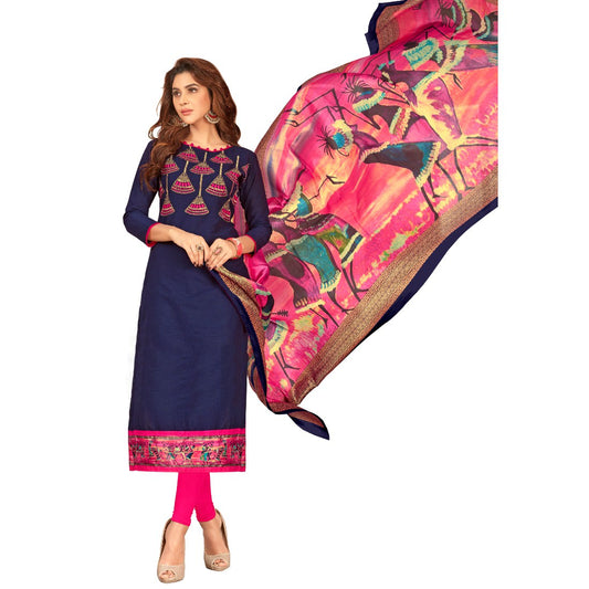 Slub Cotton Fabric Blue Color Unstitched Salwar-Suit Material With Dupatta