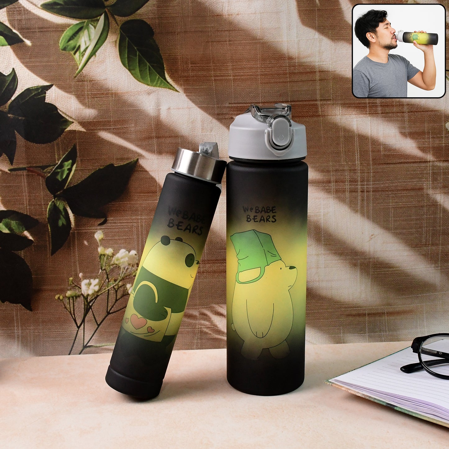 Cartoon Printed Water Bottles  900 Ml  300 Ml (2 Pc)