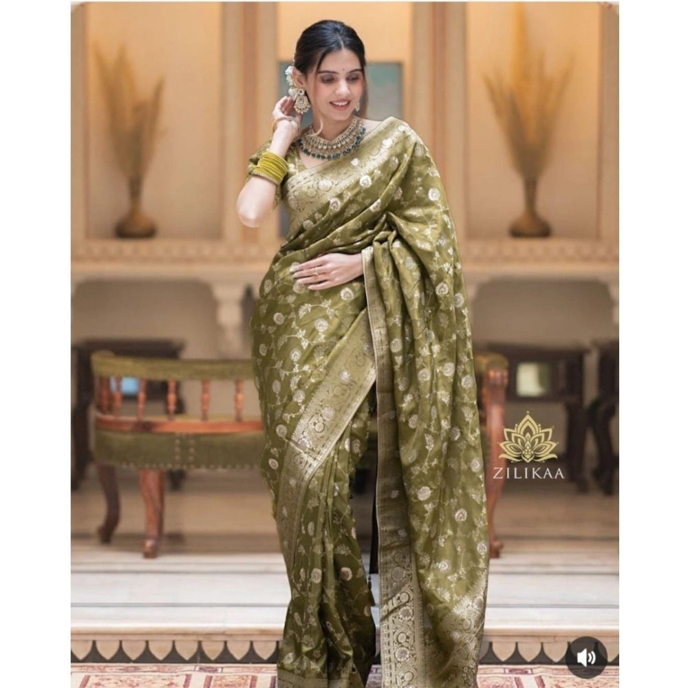 Generic Women's Silk Woven Kanjivaram Saree With Unstitched Blouse (5.5Mtr, Mehendi Green)