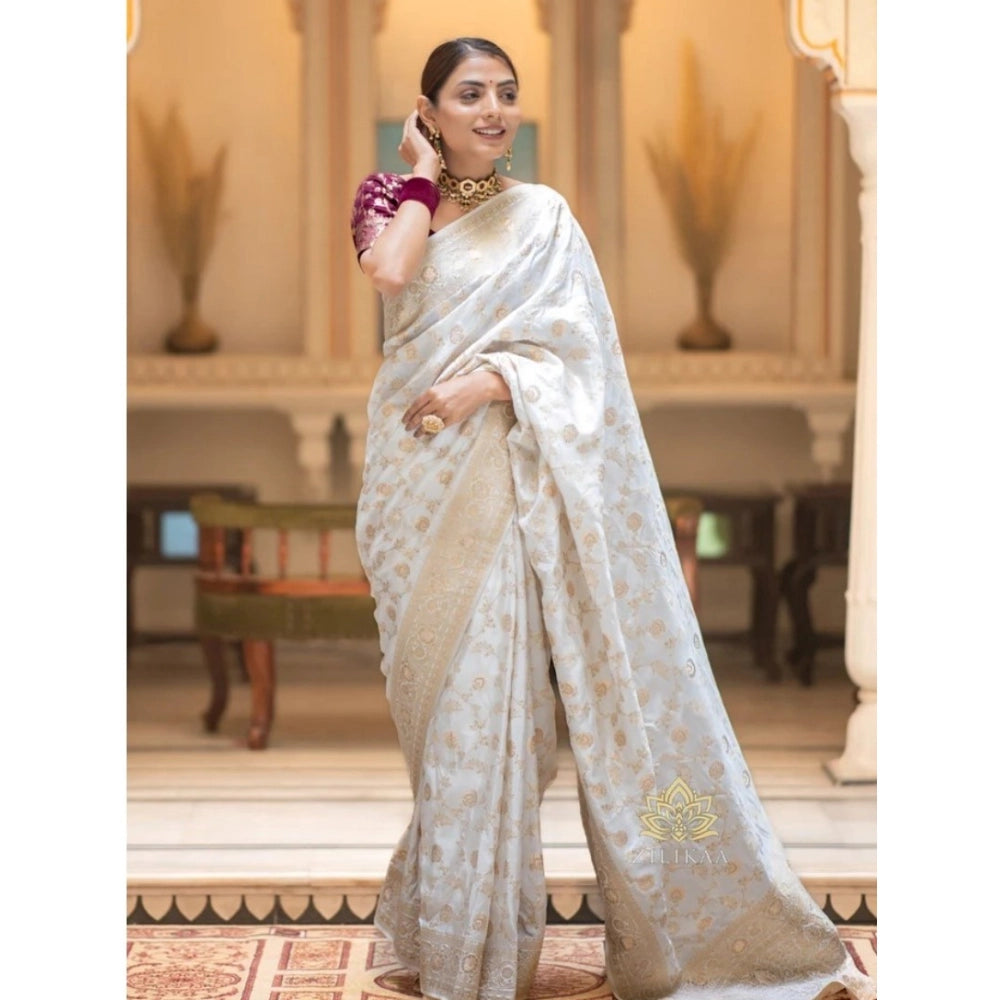 Generic Women's Silk Woven Kanjivaram Saree With Unstitched Blouse (5.5Mtr, White)