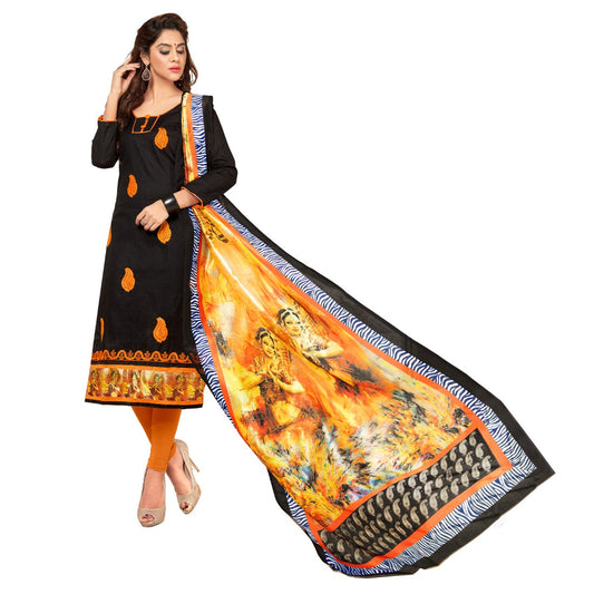 Slub Cotton Fabric Black Color Unstitched Salwar-Suit Material With Dupatta