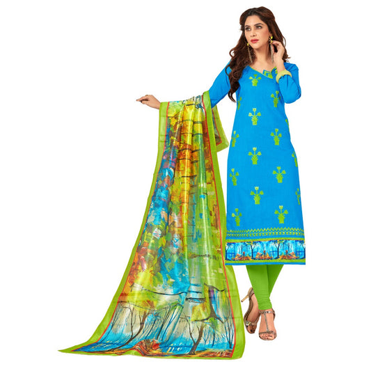 Slub Cotton Fabric Sky Blue Color Unstitched Salwar-Suit Material With Dupatta
