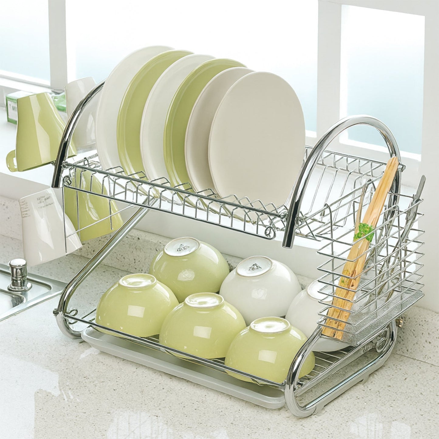 STAINLESS STEEL RECTANGLE DISH DRAINER RACK / BASKET WITH DRIP TRAY