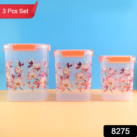 Square 3 Pcs Floral Printed Airtight Storage Container Set  Approx 2.8 Ltr 4.5 Ltr 6.9 Ltr (3 Pcs Set)