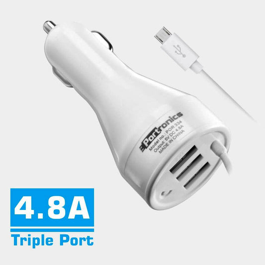 PORTRONICS CAR POWER II 4.8A CAR CHARGER WITH MICRO USB CABLE & 3 USB PORTS