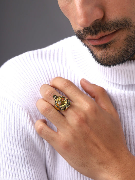 Bold By Priyaasi Royal Elegance Lion Face Gold Plated Ring